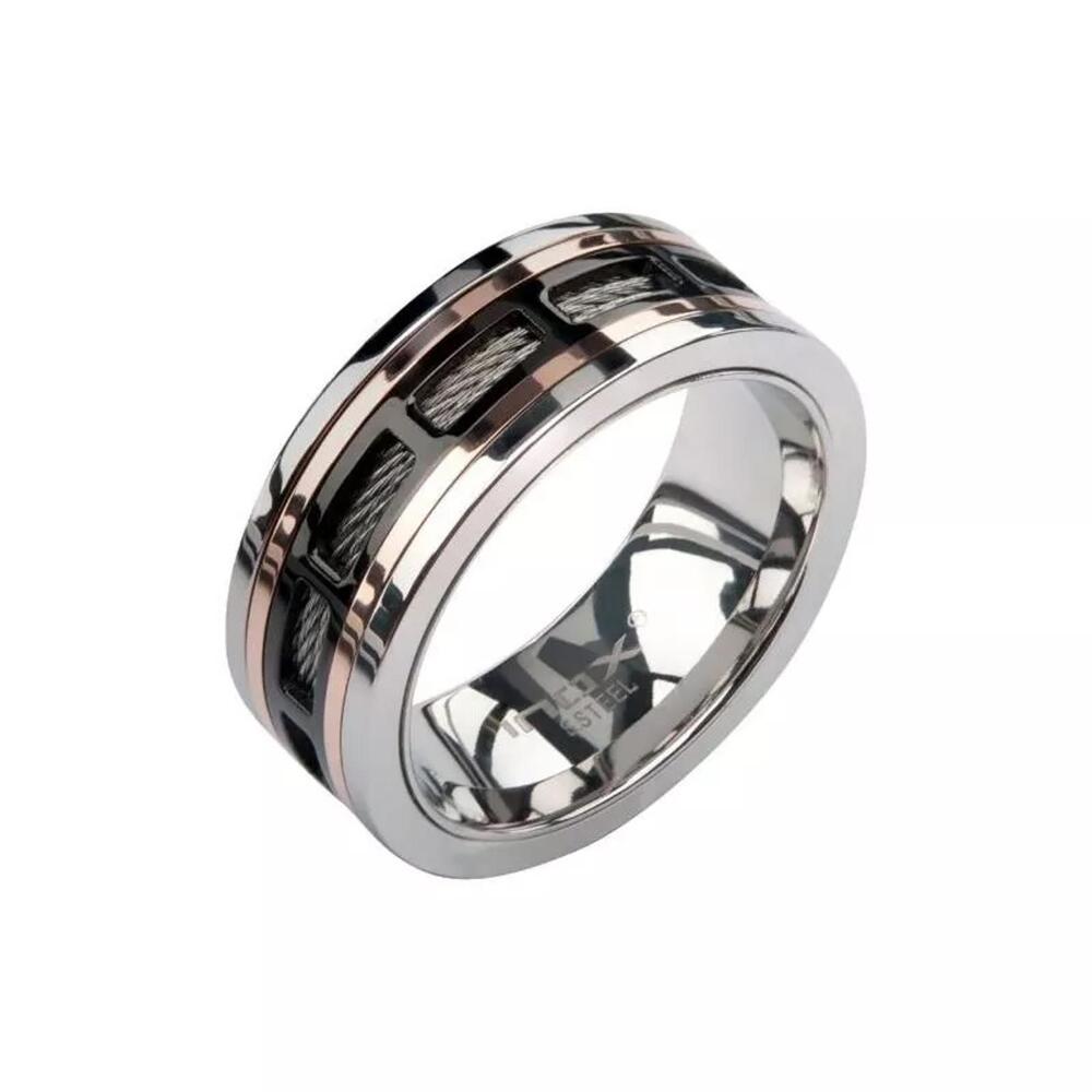 Black & Rose Gold IP Steel Window with Cable Inlay Comfort Fit Ring - Size 10
